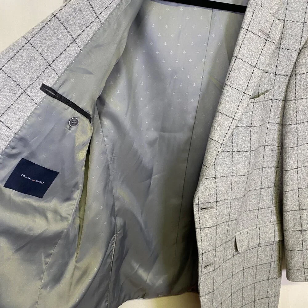 Tommy Hilfiger Mens Gray Windowpane Blazer Jacket 42R Wool Blend Lined Academia